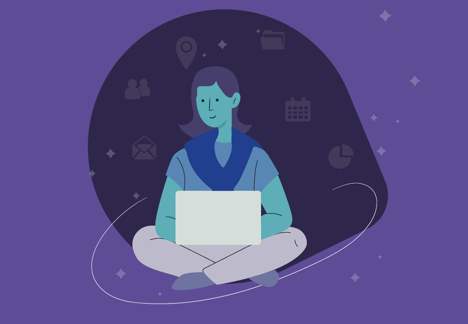Illustration of a person with a laptop and work themed icons.