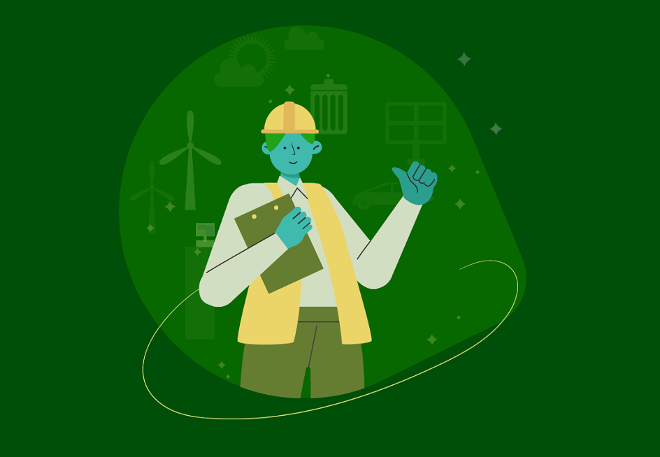 Illustration of an engineer and green energy themed icons.