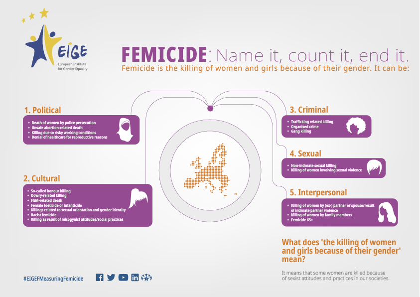 An infographic naming the five contexts of femicide identified by EIGE - political, cultural, criminal, sexual and interpersonal - as well as the types of femicide associated with them