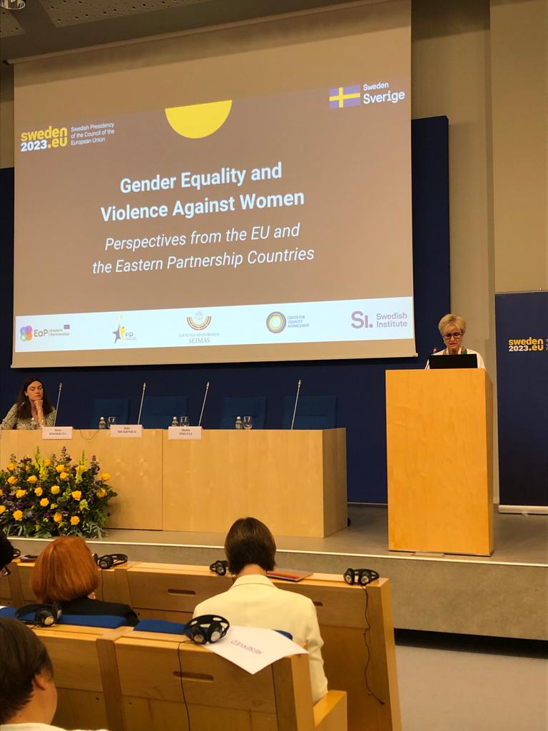 EIGE Director Carlien Scheele giving the speech "Gender equality and violence against women: Perspectives from the EU and the Eastern partnership countries"