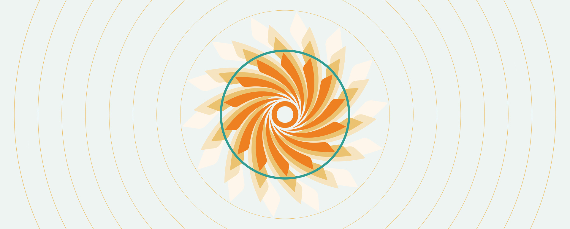 A stylized, orange and yellow sunburst logo with swirling geometric petals radiating from a central white circle, enclosed by a thin teal ring and set against a light background with faint concentric circle lines.