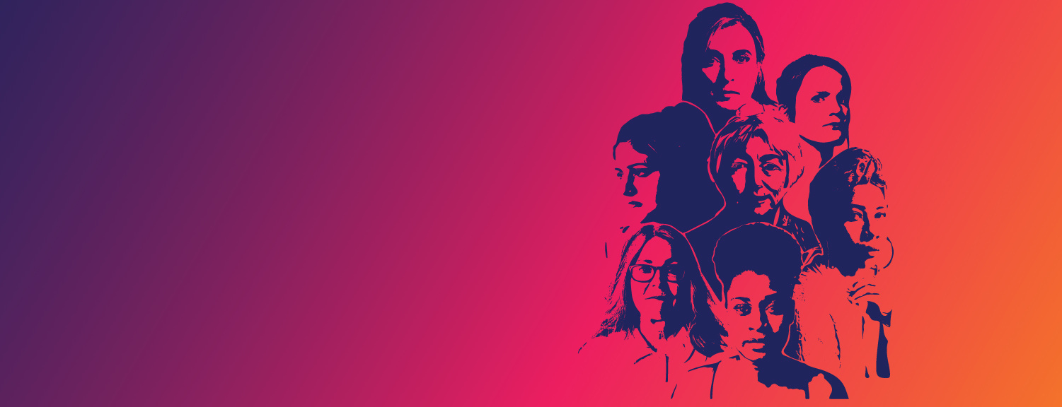 Stylised illustrations of the faces of seven women on a purple, pink and orange background. The women are all different ages and ethnicities and have a serious look on their faces.