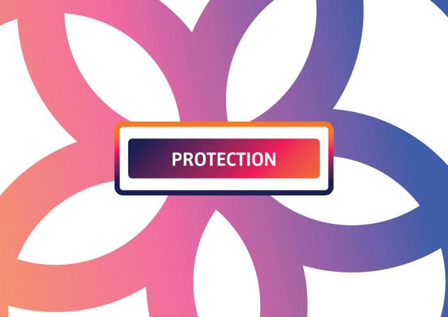 The word 'protection' written against pink, orange and purple swirling lines