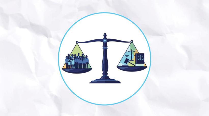 An illustration of scales with a group of humans on one side and symbols representing justice on the other