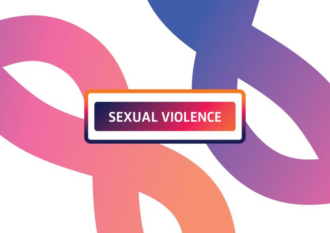 The words 'sexual violence' written against pink, orange and purple swirling lines