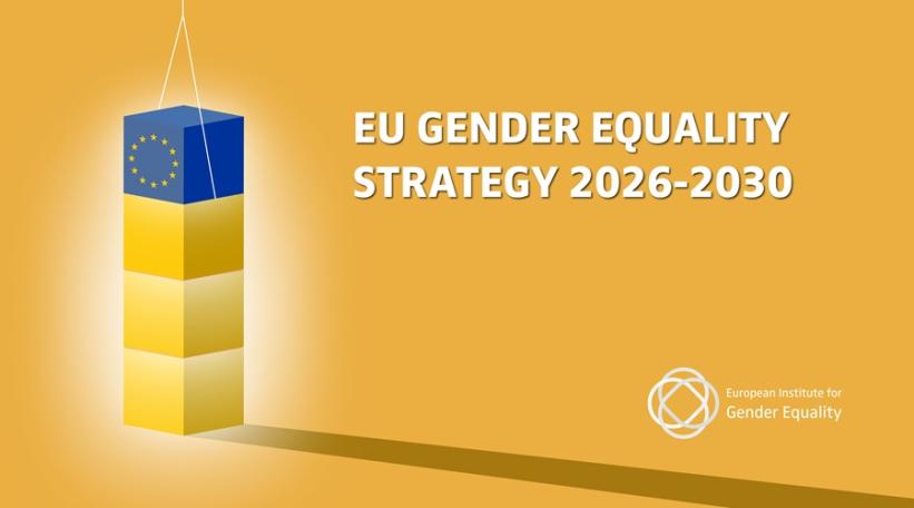 Four blocks - three yellow and one blue - are stacked on top of each other against a yellow background. The blue block, which is on top, shows the stars of the EU map. To the right, the text says EU Gender Equality Strategy 2026-2010. Below, the EIGE logo appears.