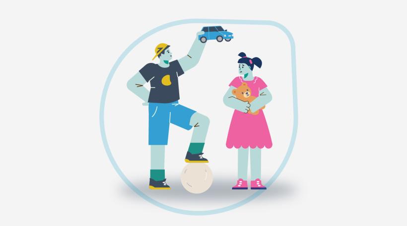 Illustration of a girl and boy. The girl is dressed in pink and holding a teddy bear, while the boy is dressed in blue, balancing on a football and holding a toy car.