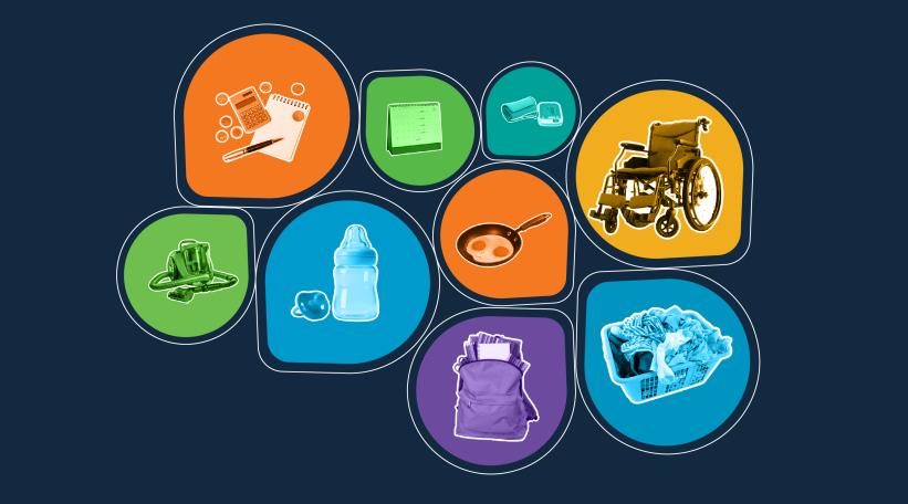 Icons representing a wheelchair, baby bottle, planner and other objects related to unpaid care