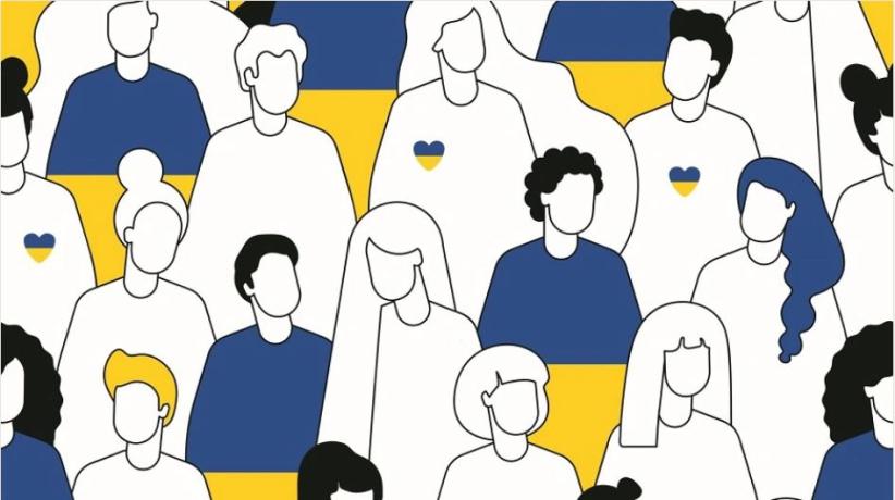 Drawn outlines of women and men against the Ukrainian flag. Some have a blue and yellow heart on their chests.