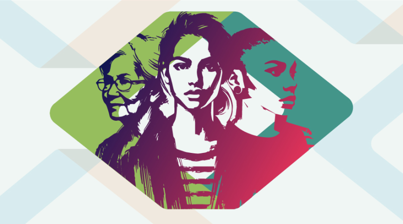 Stylised illustration of three women of different ages and ethnicities standing together with a resolute look on their faces