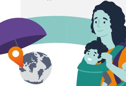 Illustration of a mother carrying a child next to a globe with a location pin on it