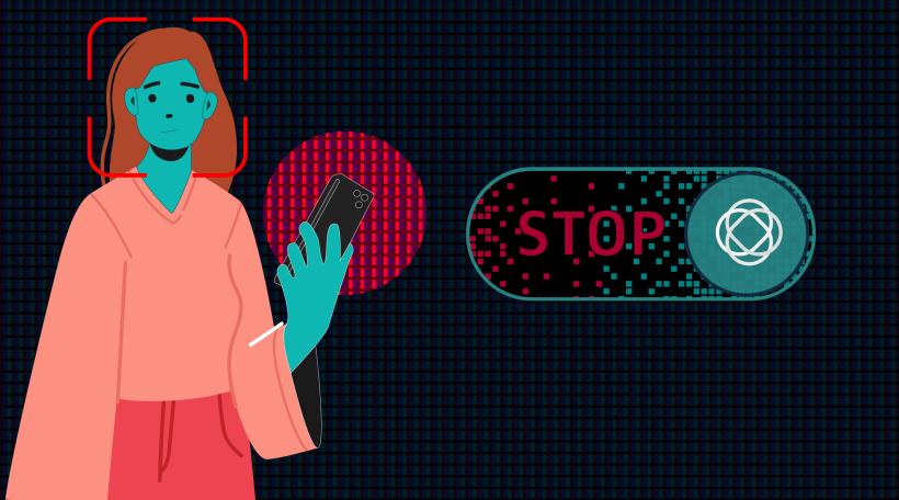 An illustration of a girl with a cell phone looking shocked. Next to her is a slider button with "Stop" written on it. 