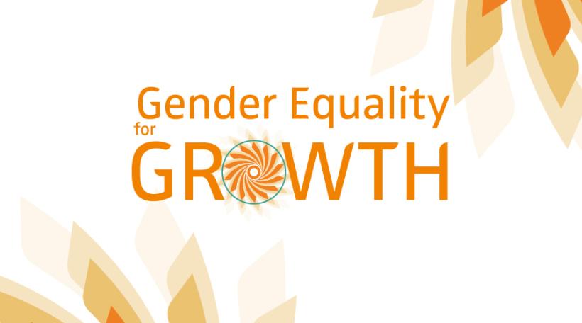 "Gender Equality for Growth" written in orange and decorated with dynamic orange swirls