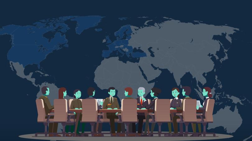 Illustration of several women and men in formal attire sitting around a round table with the world map projected on the wall behind them