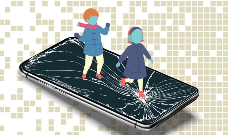 Vector image of a girl and boy child skipping on an enlarged cellphone with a broken screen