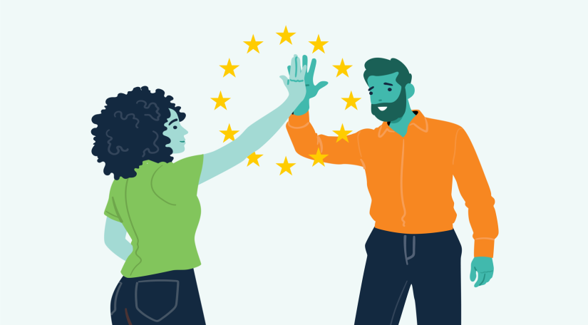 Illustration of a woman and man high-fiving through the ring of EU stars