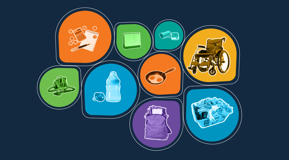 Icons representing a wheelchair, baby bottle, planner and other objects related to unpaid care