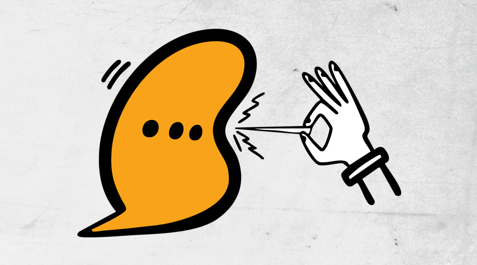 A hand holding a needle moves in to puncture a speech bubble. The thought bubble has three dots standing for "typing" written in it.
