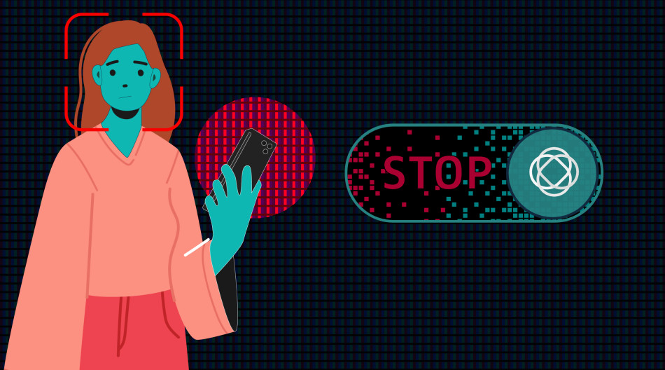 An illustration of a girl with a cell phone looking shocked. Next to her is a slider button with "Stop" written on it. 