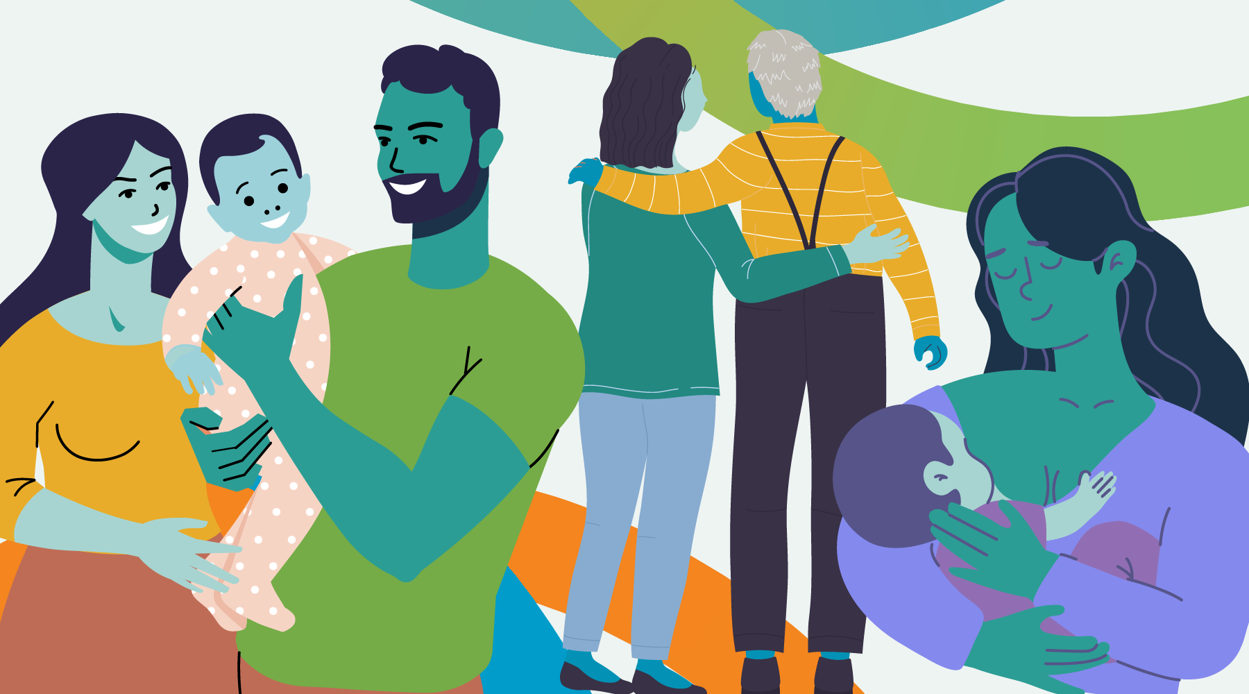 Illustrated people of different genders caring for the young and the old