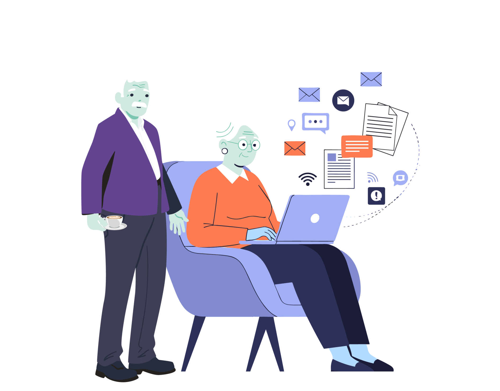 An elderly woman sits in a chair using a laptop. An elderly man stands next to her.