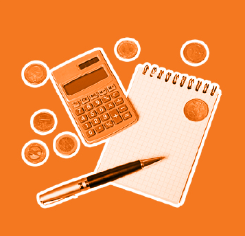 Notepad, pen, calculator and some coins pictured on an orange surface