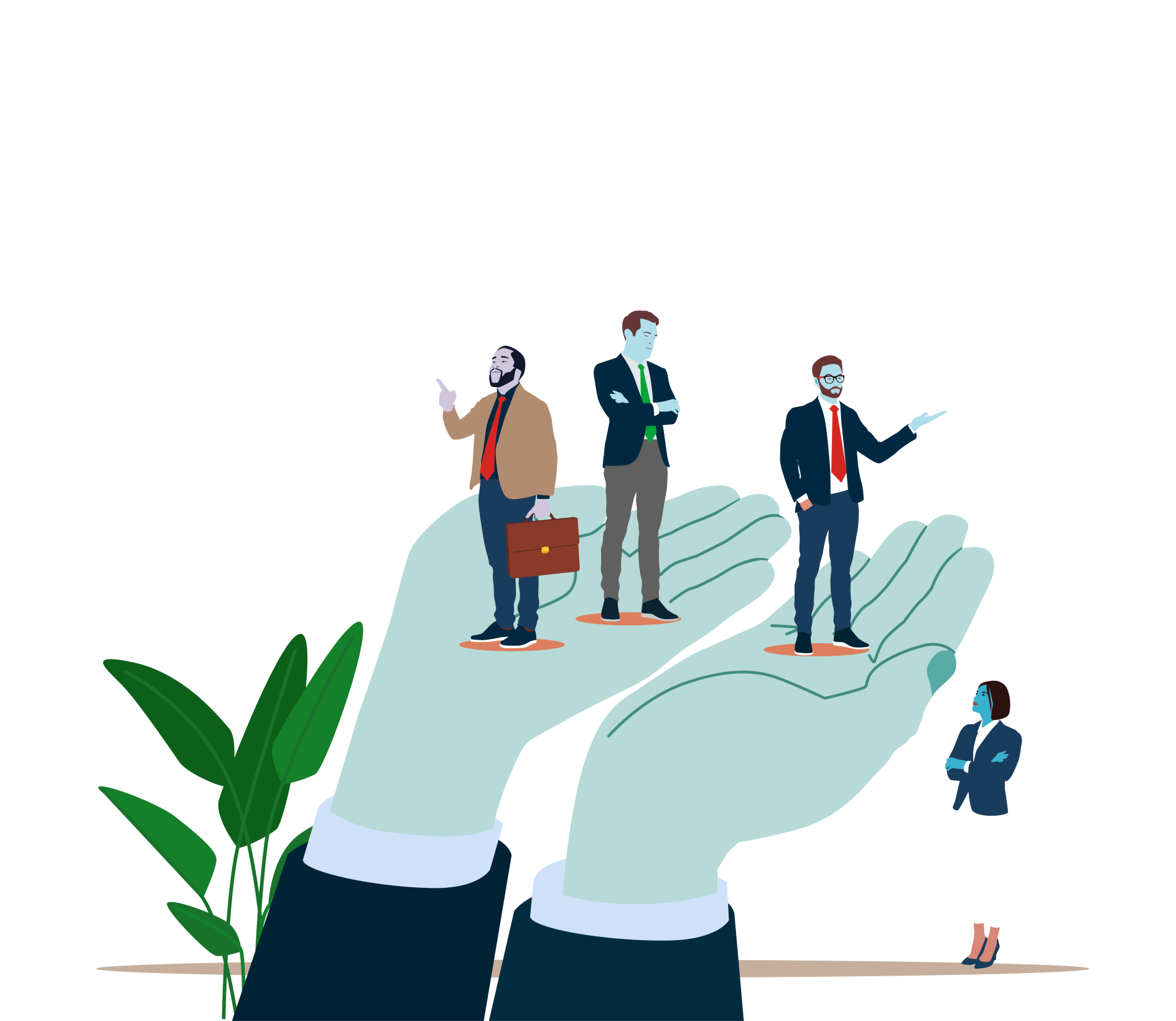 Illustration of three professional men standing on a large human palm