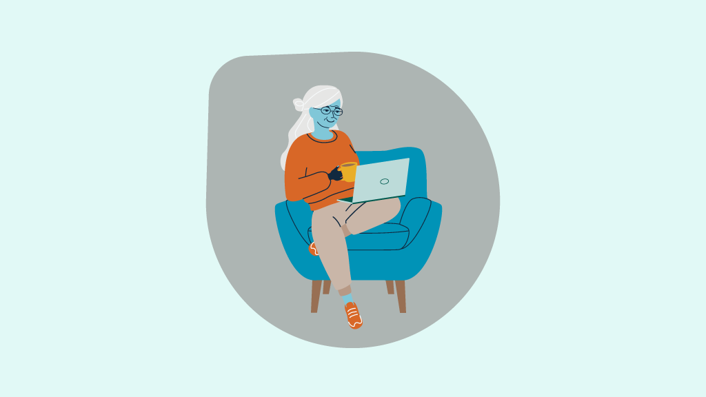Illustration of an older woman working on a laptop.