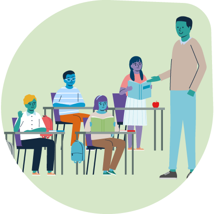 Illustration of a classroom with a male teacher.