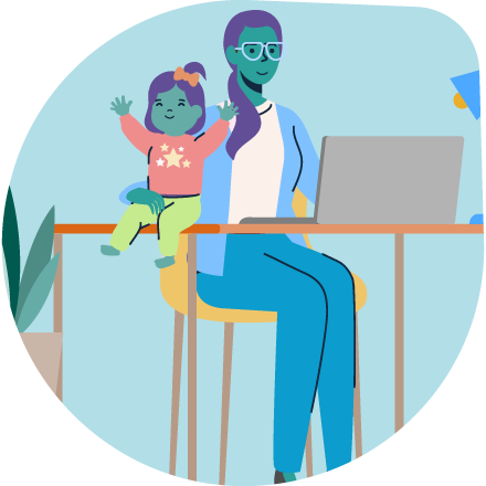 Illustration of a mother working while also caring for her child.