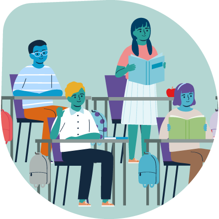 Colorful illustration of a classroom.