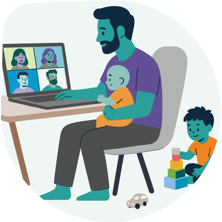 Illustration of a man during an online meeting and childcare.