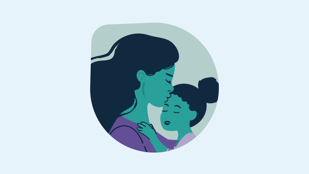 Illustration of a mother hugging and kissing her daughter.