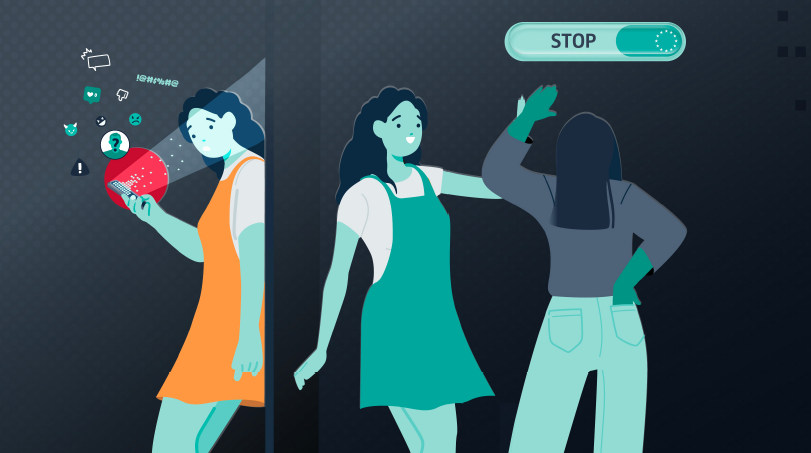 Two girls are high fiving and having fun while a third girl slumps against a wall, staring at her phone with a sad look on her face