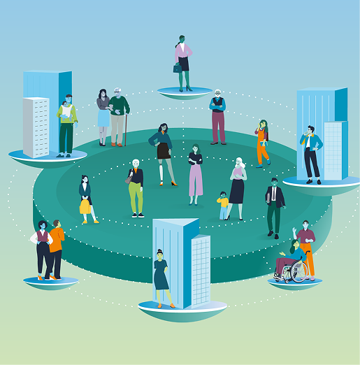 Illustration of a diverse group of people including families, older adults, professionals, and a wheelchair user, connected by dotted lines across layered circular platforms, with buildings around the edges.