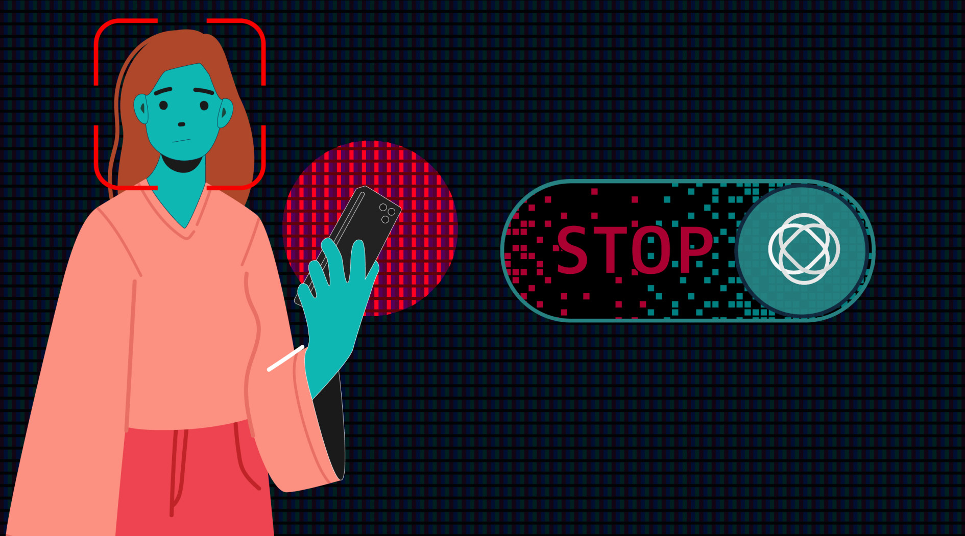 An illustration of a girl with a cell phone looking shocked. Next to her is a slider button with "Stop" written on it. 