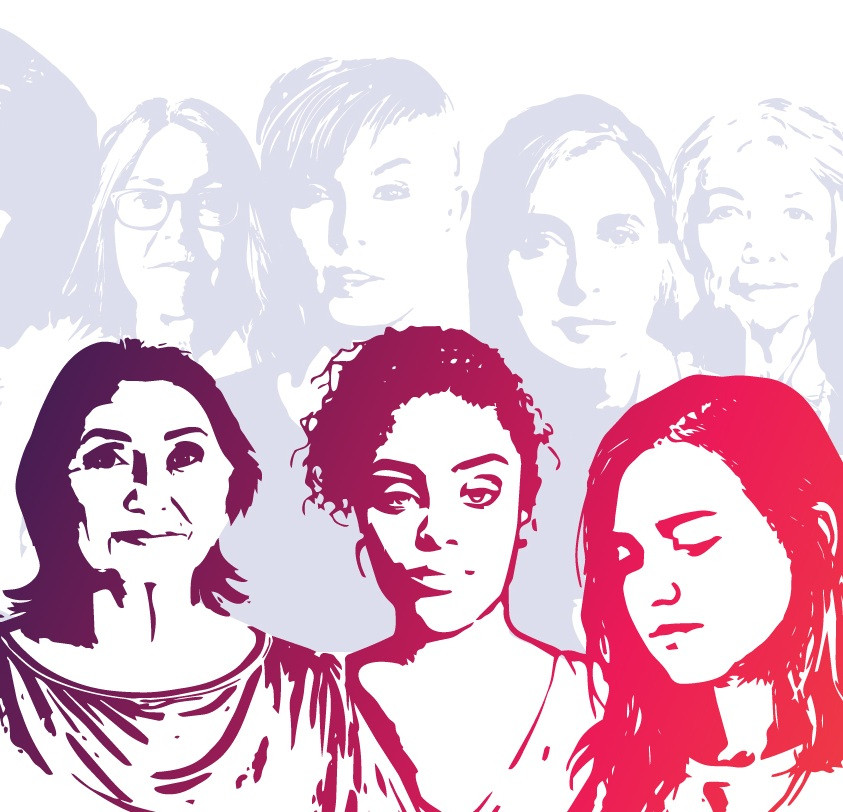 Three women of different ages and ethnicities standing together