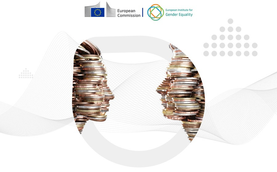 Two faces, one female and one male, assembled from coins, with the logos of EIGE and the European Commission on top