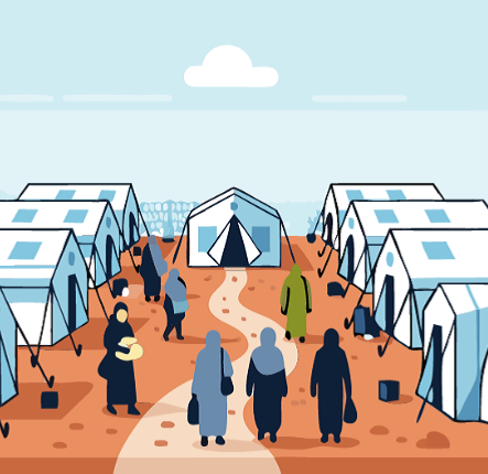 Vector image showing women in a refugee camp