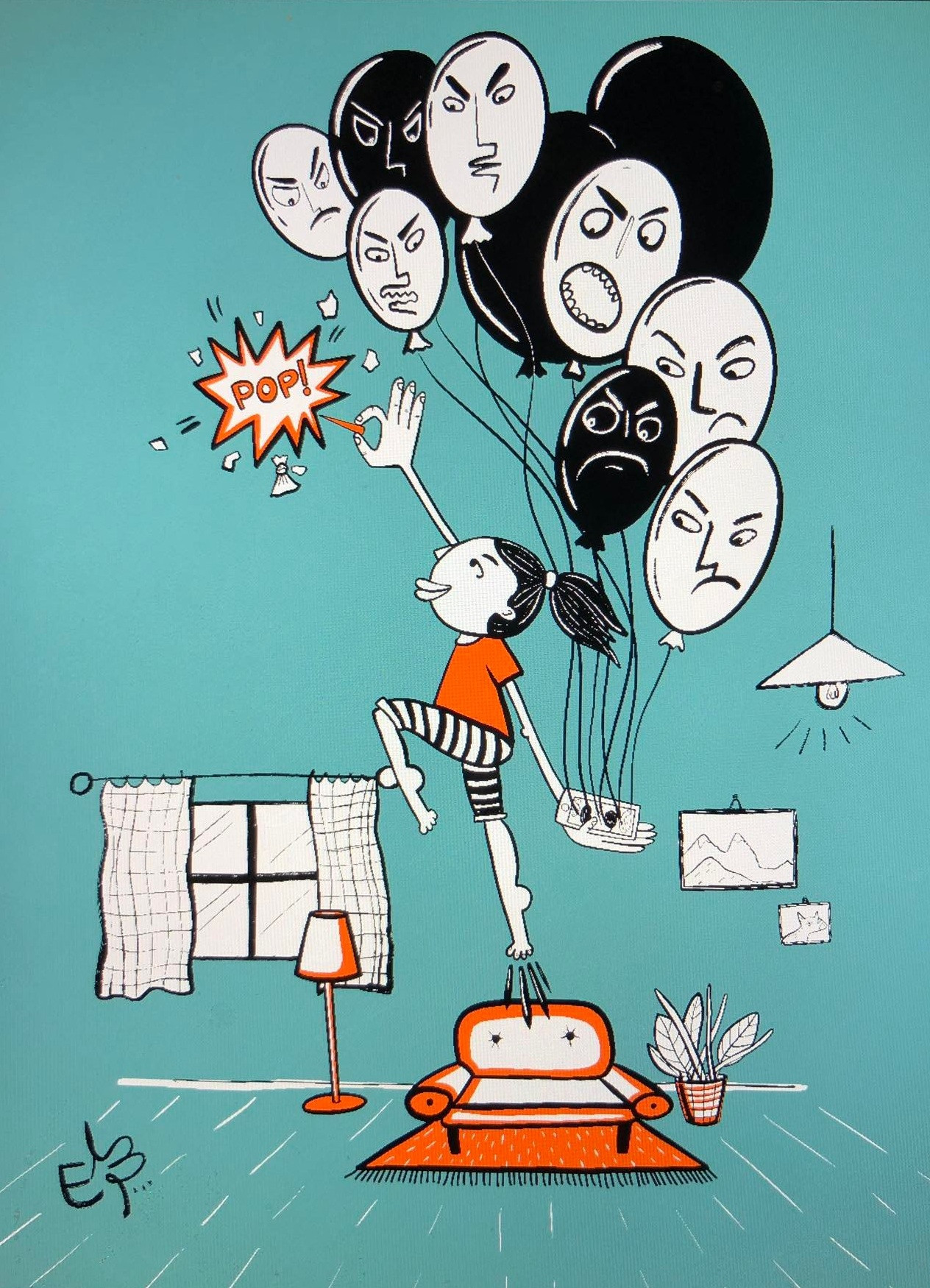 A girl jumps up from a sofa to pop a balloon with a needle. In her other hand she is holding several balloons, each with an angry human face on them. The image communicates strength and resilience.