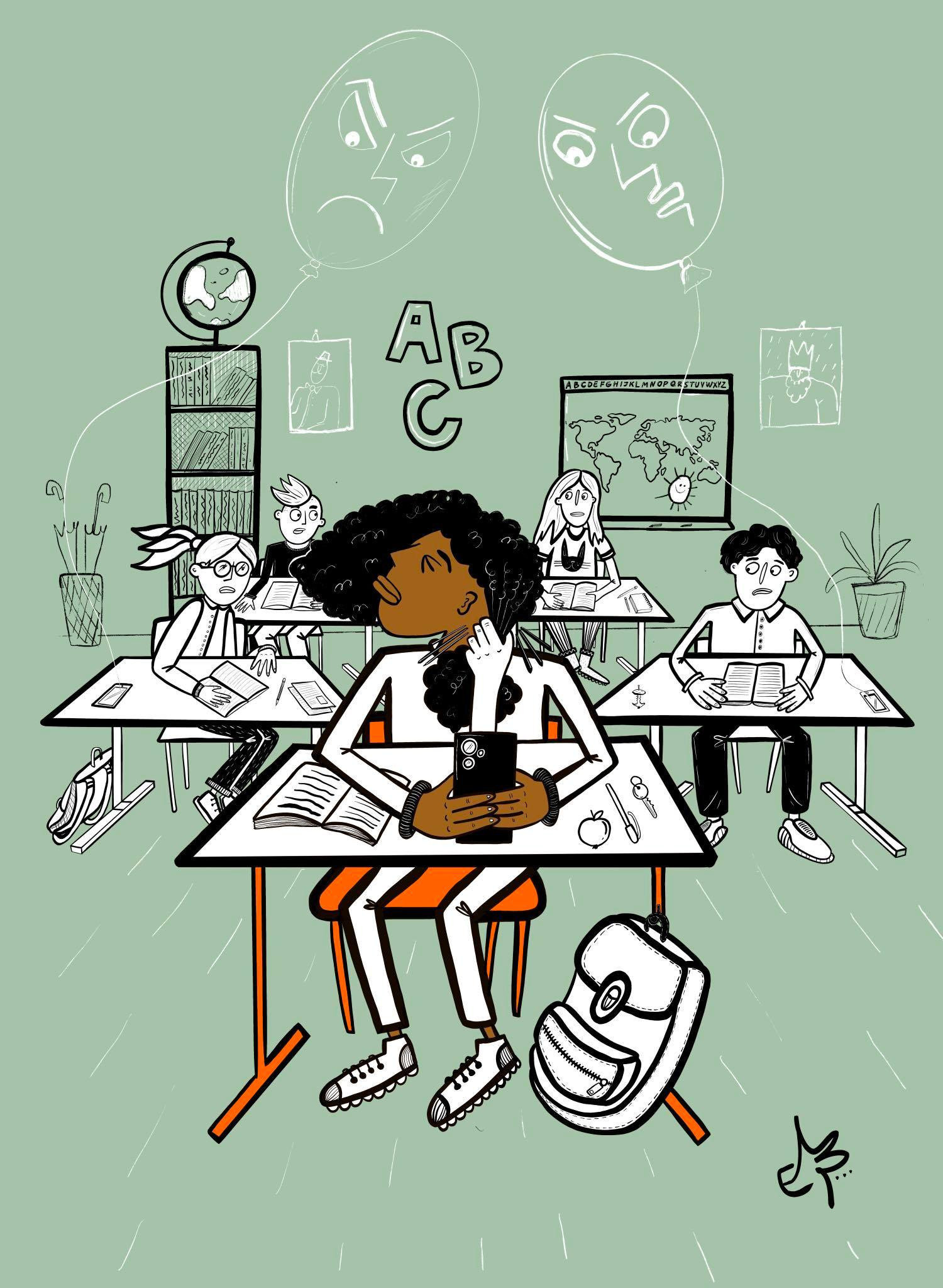 A girl sits in class, looking up where two balloons with angry human faces are hovering above her. The image communicates anxiety and distraction.