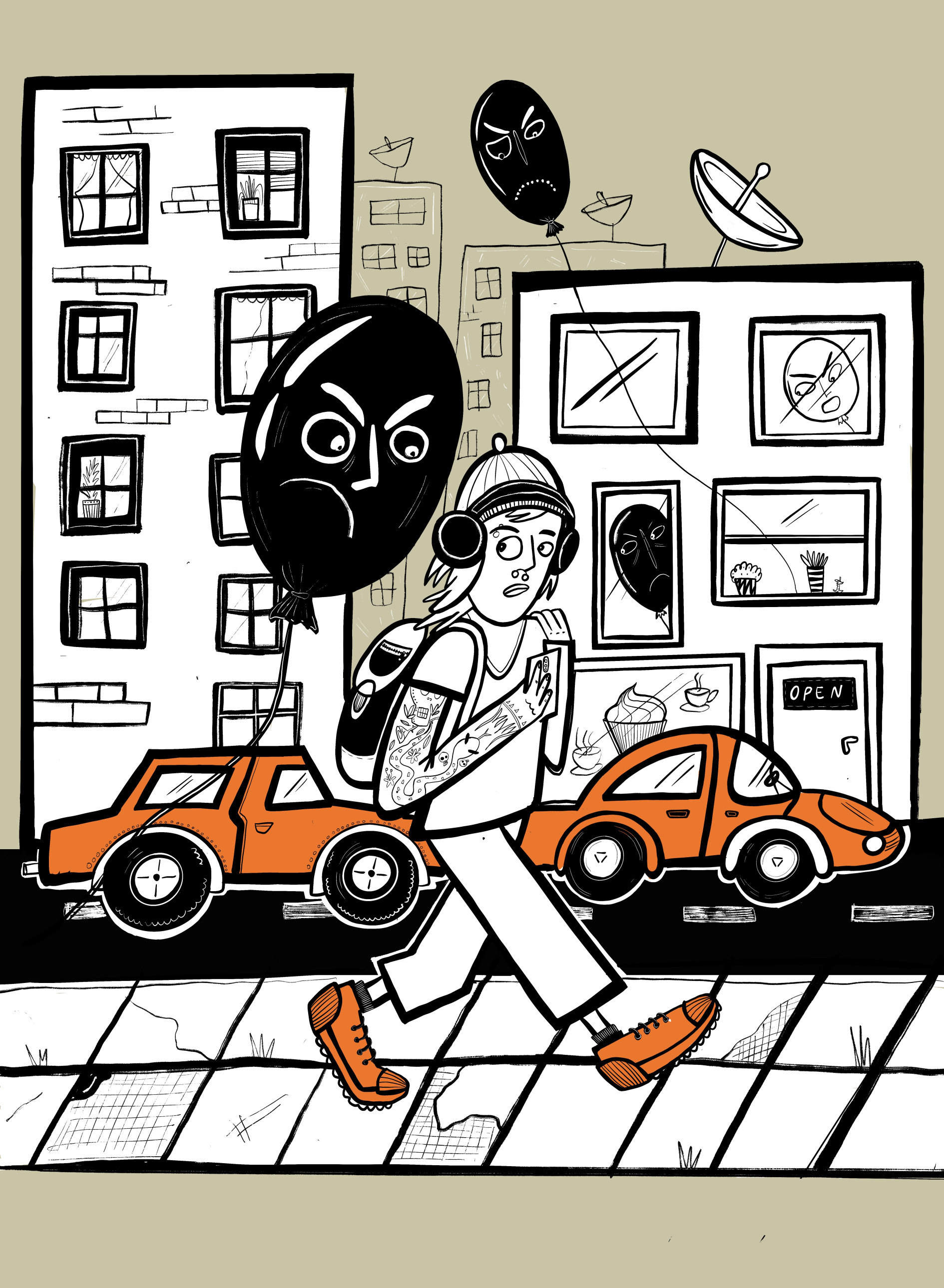 A girl walks hurriedly on a street. She is followed by black balloons with an angry human face on them. The image communicates fear and anxiety.