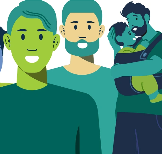 Three men illustrated. Two men are facing the viewer and smiling. The third man is embracing a baby who is sitting in a carrier.