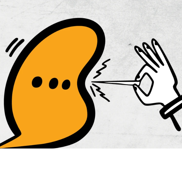 A hand holding a needle moves in to puncture a speech bubble. The thought bubble has three dots standing for "typing" written in it.