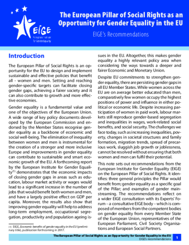 The European Pillar of Social Rights as an Opportunity for Gender Equality in the EU: EIGE’s Recommendations