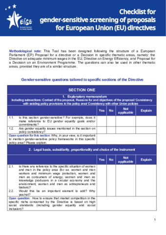 Checklist for gender-sensitive screening of proposals for European Union (EU) directives