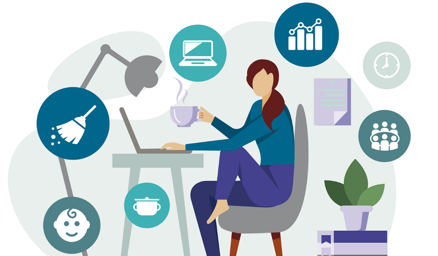 A vector image depicting a woman sitting by a computer with thought bubbles representing different life obligations around her