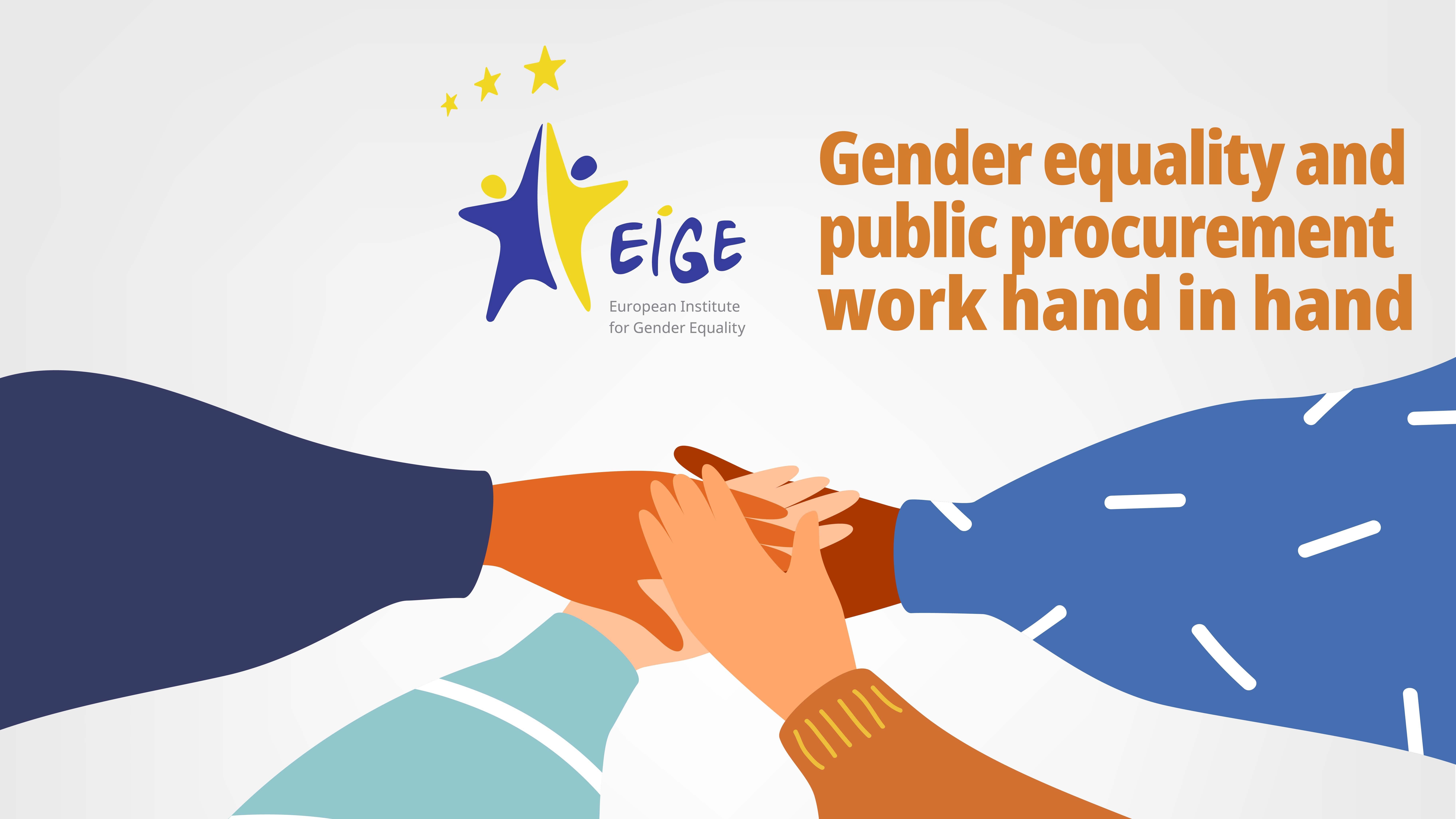 Illustrated hands holding each other next to a text "Gender equality and public procurement work hand in hand"