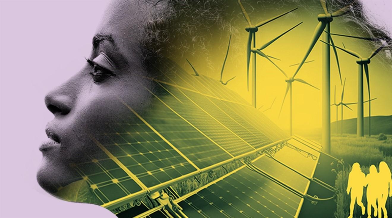 A young black woman's smiling silhouette overlaid with a stylized image of wind turbines and solar panels