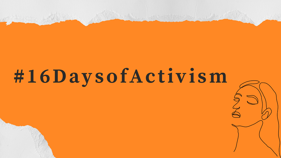 Drawn woman's face and #16DaysofActivism hashtag on orange background